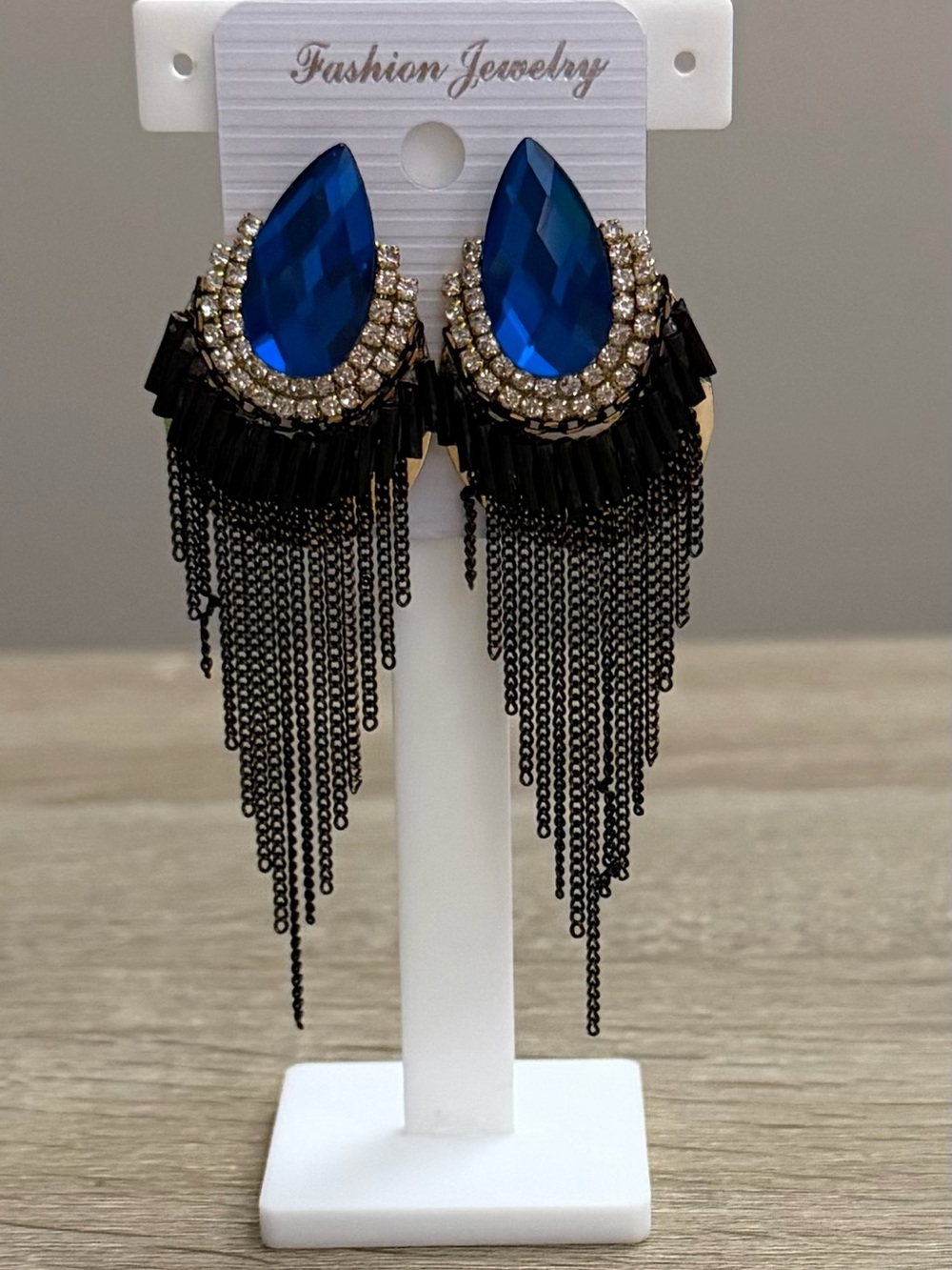 Blue Crystal Fringe Statement Earrings NWT